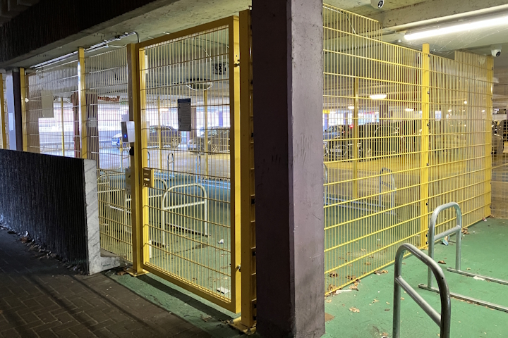 Entrance and help point for the access-controlled cycle park at Queen Anne Terrace car park