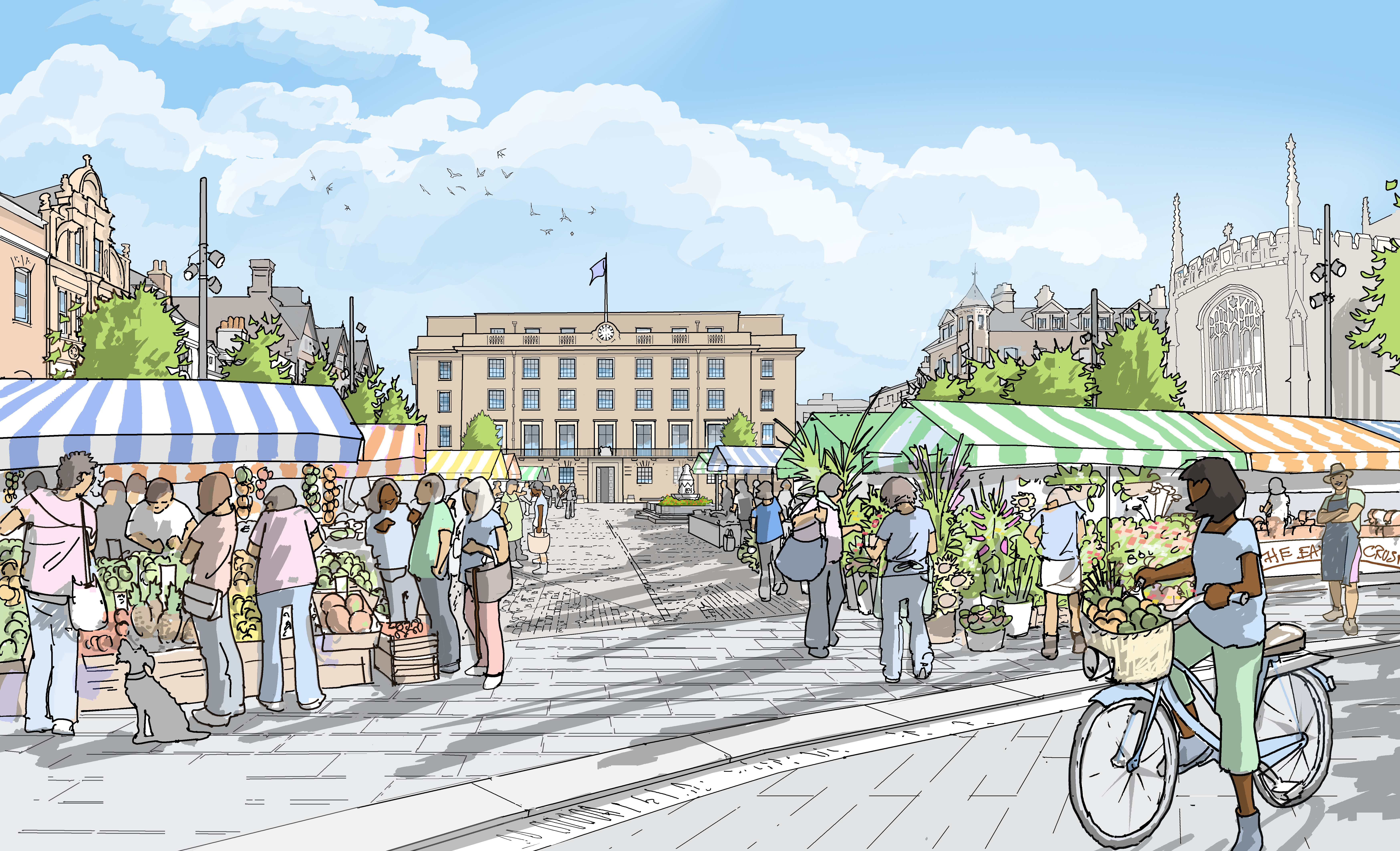 Illustrated view of the market square with a view of the Guildhall in the background