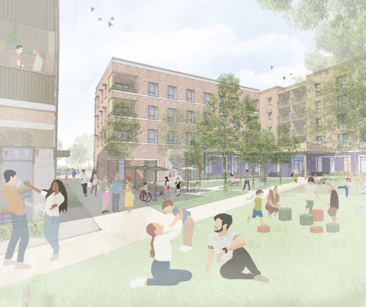 Illustration showing people using green open space which will be provided in the new development