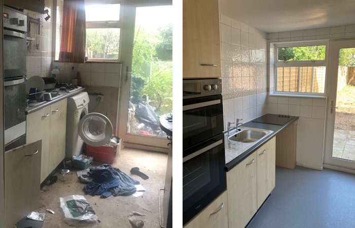 A kitchen before and after cleaning