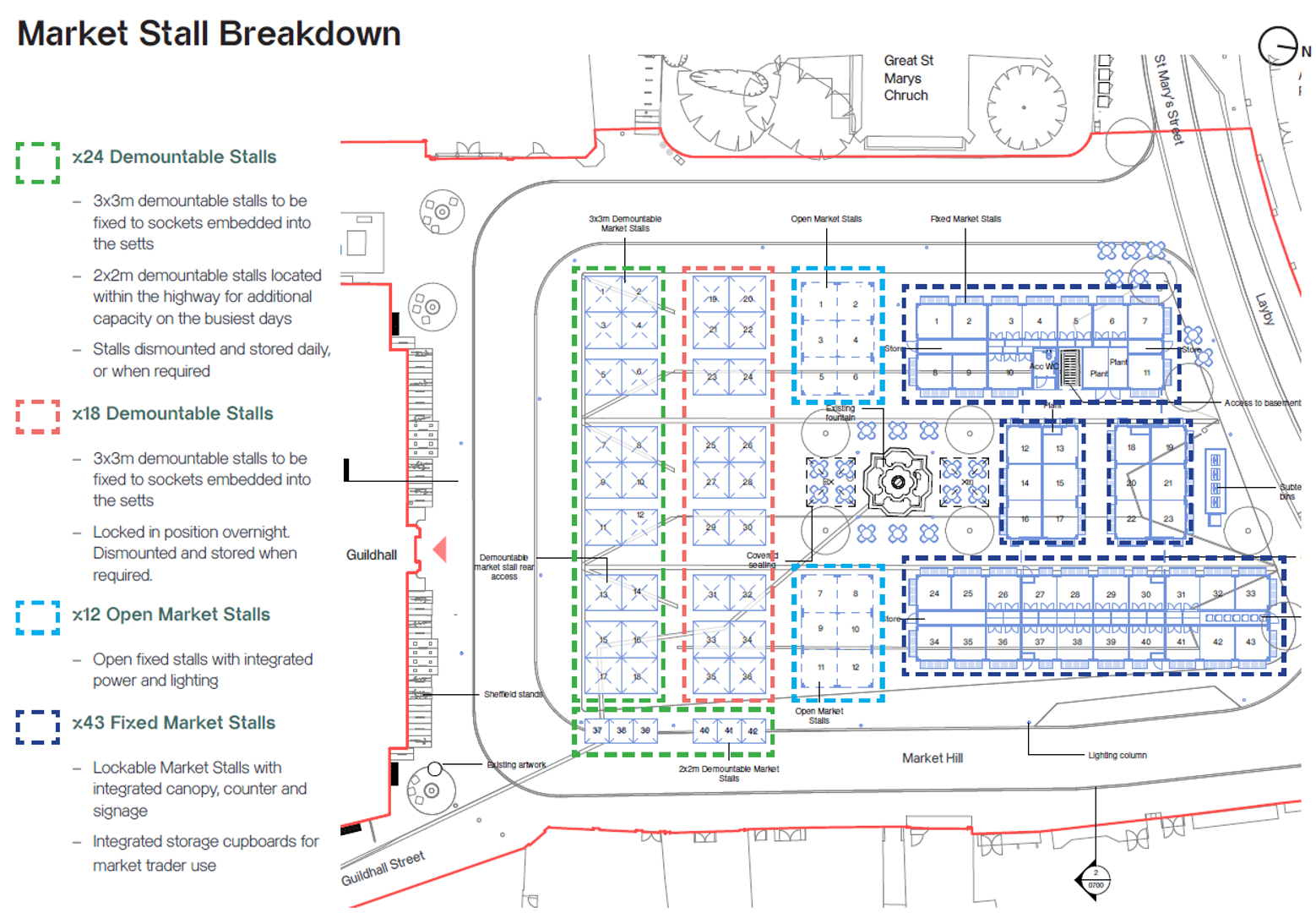 Representation of where all the stalls could go with colour coding to show which are permanent, semi-permanent, and demountable